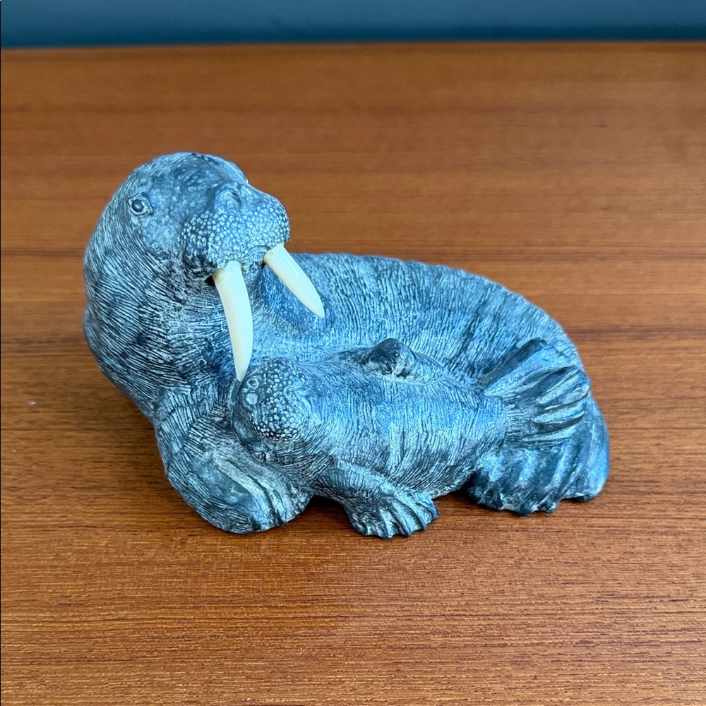 The Wolf Original soapstone sculpture of a walrus mother and calf.